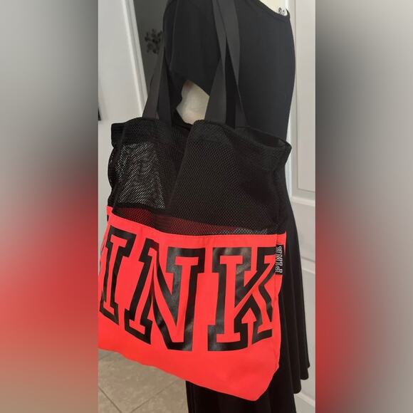Victorias Secret PINK Tote Bag/Pool Bag Bright Orange Black Mesh Dual Handle - Picture 3 of 12